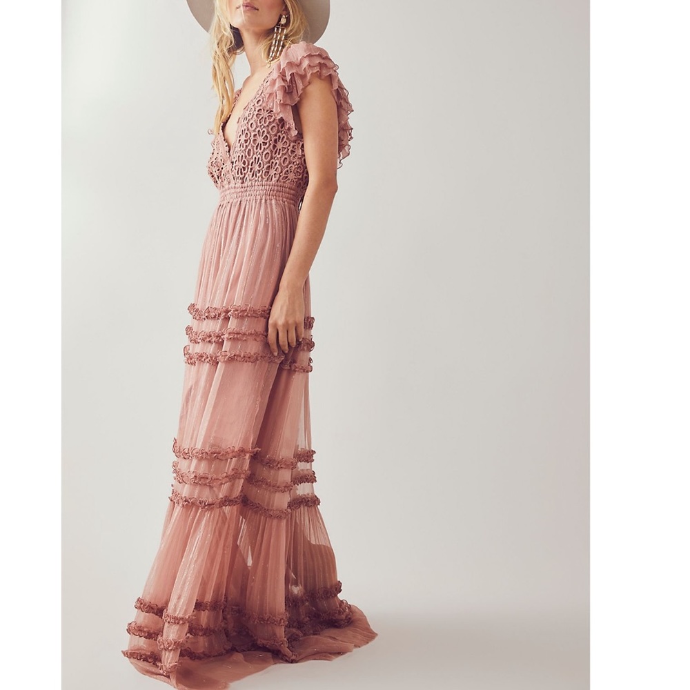 Free People FP ONE Waterlily Lurex Metallic Shine Crochet Inset Maxi Dress